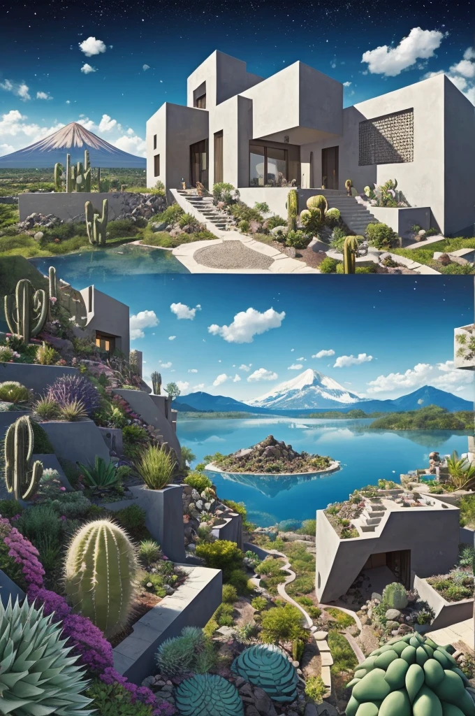 An illustration, collage style, David Hockney visual style, (((Luis Barragán's architectural style houses in middle of a lake))), big boulders, little cascade, mountains, volcanos, volcanic landscape, pool, stairs, beautiful gardens, abundant vegetation, cacti, agave, big clouds, sunset. Magazine cover, serif tipography, editorial design, masterpiece, An illustration in collage style, con rocas gigantes, Brutalist construction sections, escaleras, cactus, agave, textura de concreto, Multiple geometric shapes, hatch and cross hatching, planeta Saturno. ((masterpiece, best quality)),illustration,ultra detailed 8k. (((An illustration of a build designed by Luis Barragán))), with a desertic vegetation garden, (big rocks), ((cacti)), lake, volcano in horizon, smooth clouds, (((illustration collage format))), ((Escher's art style)), (((multiple sections))), (violet, blue, olive green, grey, black and white), hard shadows, (((geometric sculptures))), concrete sculptures, high contrast, dramatic, cinematographic, ((milky way galaxy)), intricate, intricate details, sharp focus,landscape