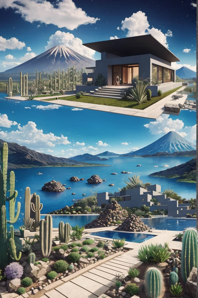 An illustration, collage style, David Hockney visual style, (((Luis Barragán's architectural style houses in middle of a lake))), big boulders, little cascade, mountains, volcanos, volcanic landscape, pool, stairs, beautiful gardens, abundant vegetation, cacti, agave, big clouds, sunset. Magazine cover, serif tipography, editorial design, masterpiece, An illustration in collage style, con rocas gigantes, Brutalist construction sections, escaleras, cactus, agave, textura de concreto, Multiple geometric shapes, hatch and cross hatching, planeta Saturno. ((masterpiece, best quality)),illustration,ultra detailed 8k. (((An illustration of a build designed by Luis Barragán))), with a desertic vegetation garden, (big rocks), ((cacti)), lake, volcano in horizon, smooth clouds, (((illustration collage format))), ((Escher's art style)), (((multiple sections))), (violet, blue, olive green, grey, black and white), hard shadows, (((geometric sculptures))), concrete sculptures, high contrast, dramatic, cinematographic, ((milky way galaxy)), intricate, intricate details, sharp focus,landscape