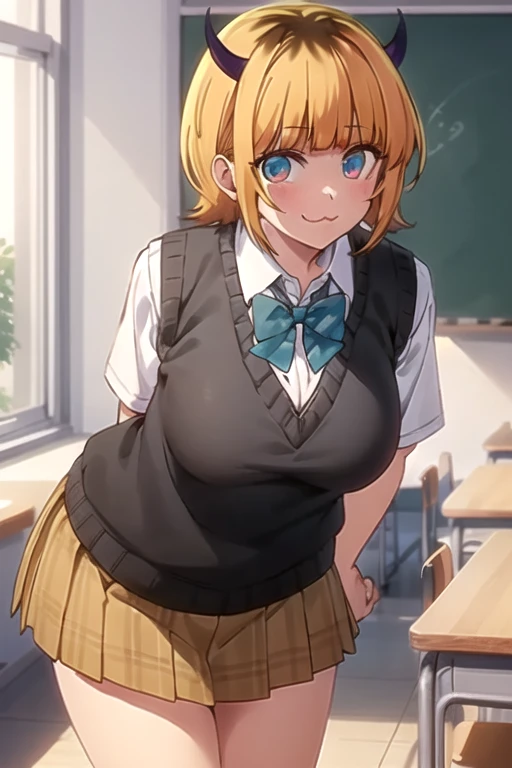 best quality, masterpiece, detailed,
memcho,
closed mouth, :3, smile,
short hair, blonde hair, multicolored hair, aqua eyes, blunt bangs, horns,
, sweater vest, collared shirt, sleeves rolled up, brown skirt, bowtie,
standing, looking at the viewer, leaning forward, arms behind back,
classroom、Leaning forward、Huge breasts:1.5、Cleavage