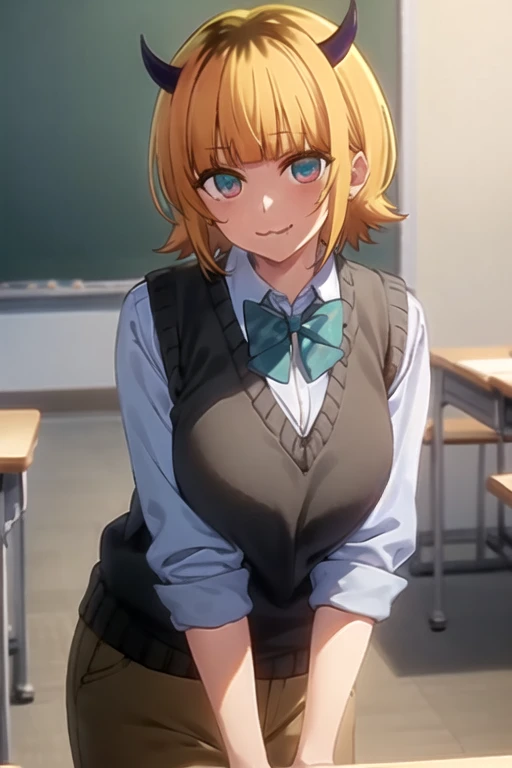best quality, masterpiece, detailed,
memcho,
closed mouth, :3, smile,
short hair, blonde hair, multicolored hair, aqua eyes, blunt bangs, horns,
, sweater vest, collared shirt, sleeves rolled up, brown skirt, bowtie,
standing, looking at the viewer, leaning forward, grabs breasts、
classroom、Huge breasts:1.5