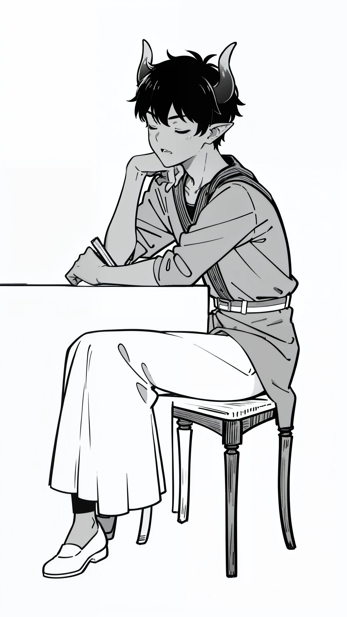 (1boy,,solo),((dark skin)),rural outfit,short hair,black hair,elf ears,(horns),(white background,line drawing),sitting,from side, looking away,full body,hand_on_own_face, head_rest, hand_on_own_cheek,one eye closed, open mouth, yawning, sleepy, squeans