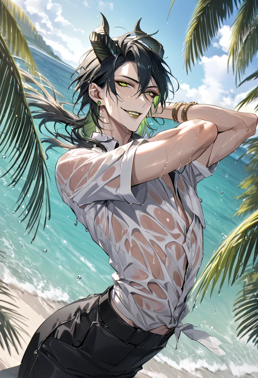 ((masterpiece:1.4, best quality)), (Ultra detailed background), 1boy, handsome man, highly detailed beautiful face and eyes, white hair, beautiful eyes, (sharp detail:1.3), shiny, earrings, bracelet, (wet clothes:1.3), Shirts, Bari, Cebu Island, plumeria, near the beach, stretch,lie on one's back, dynamic angle, malleus draconia (twisted wonderland) horns, bishounen, boy, male, yana Toboso style, long hair, black hair, yellow green eyes, smile, gray lips, handsome, skinny, tall, yellow green glow,