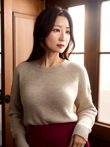 In 8K、Raw photo、Highest quality、Realistic、Photorealistic、Professional Lighting、masterpiece、Very delicate and beautiful woman).Slender woman standing with a mug. She wears knitwear, skirt . Stand at the entrance to the room, 45 years old. A woman who resembles Hitomi Kuroki, Has J-cup breasts. .Captivating look,Looking into the camera