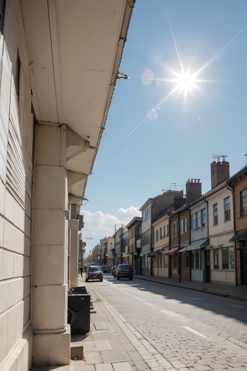 photography of scenery city buildings with sun on the left side in a hot summer weather