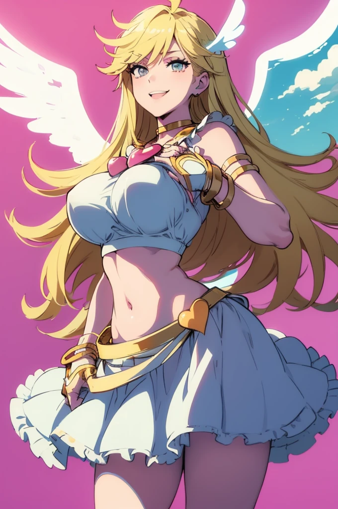 masterpiece, best quality, crop top, brooch, bridal gauntlets, white skirt, choker, armlet, bracelet, angel wings, clouds, pink background, smile, bright, huge round breasts, poses, flashing,