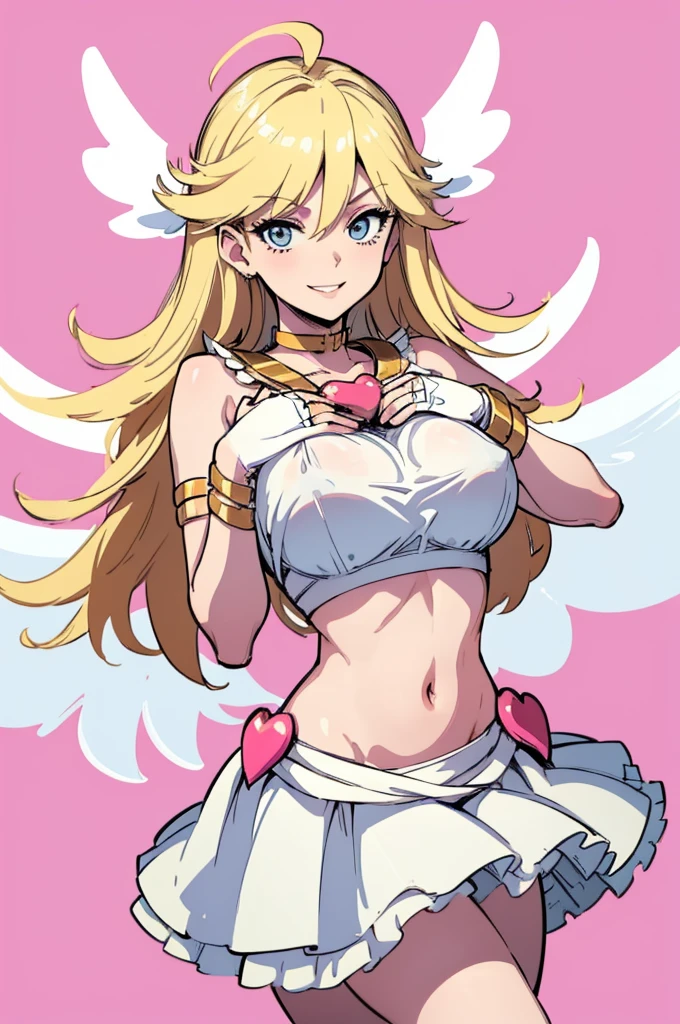 masterpiece, best quality, crop top, brooch, bridal gauntlets, white skirt, choker, armlet, bracelet, angel wings, clouds, pink background, smile, bright, huge round breasts, poses, flashing,