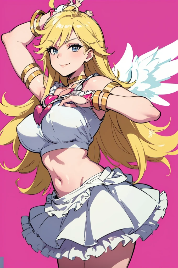 masterpiece, best quality, crop top, brooch, bridal gauntlets, white skirt, choker, armlet, bracelet, angel wings, clouds, pink background, smile, bright, huge round breasts, poses, flashing,