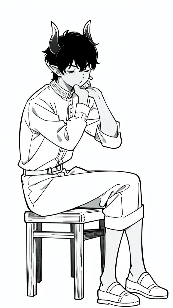 (1boy,,solo),((dark skin)),rural outfit,short hair,black hair,elf ears,(horns),(white background,line drawing),sitting,from side, looking away,full body,hand_on_own_face, head_rest, hand_on_own_cheek,one eye closed, open mouth, yawning, sleepy, squeans