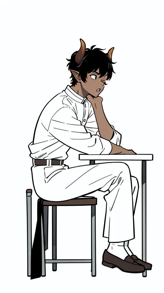 (1boy,,solo),((dark skin)),rural outfit,short hair,black hair,elf ears,(horns),(white background,line drawing),sitting,from side, looking away,full body,hand_on_own_face, head_rest, hand_on_own_cheek,one eye closed, open mouth, yawning, sleepy, squeans