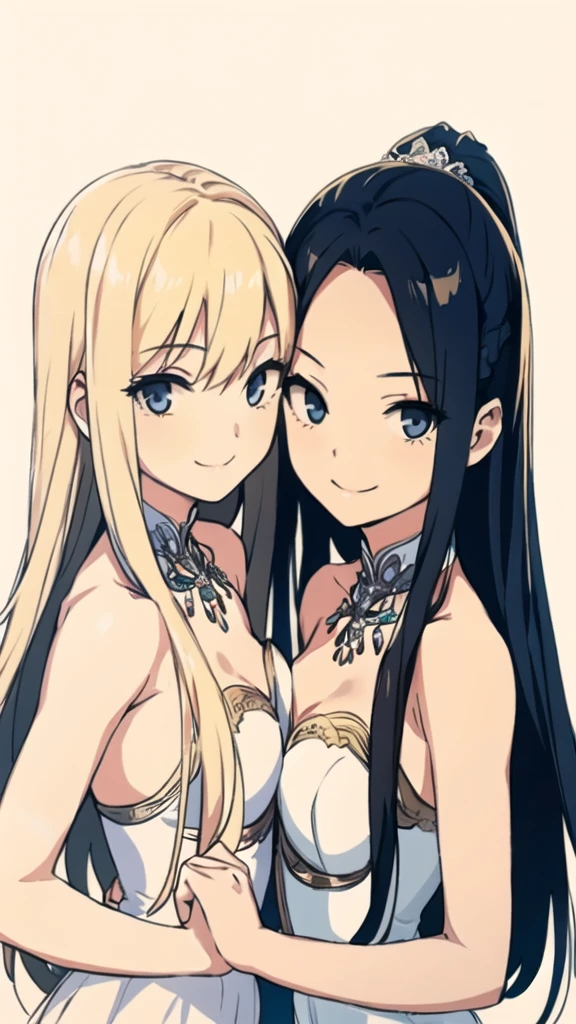 2girls, looks each other, symmetric, strapless, bride dress, simple background, smile, middle breasts, middle hair, blonde