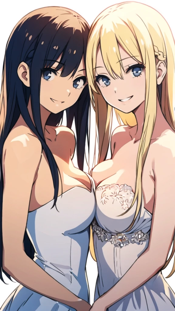 2girls, looks each other, symmetric, strapless, bride dress, simple background, smile, middle breasts, middle hair, blonde