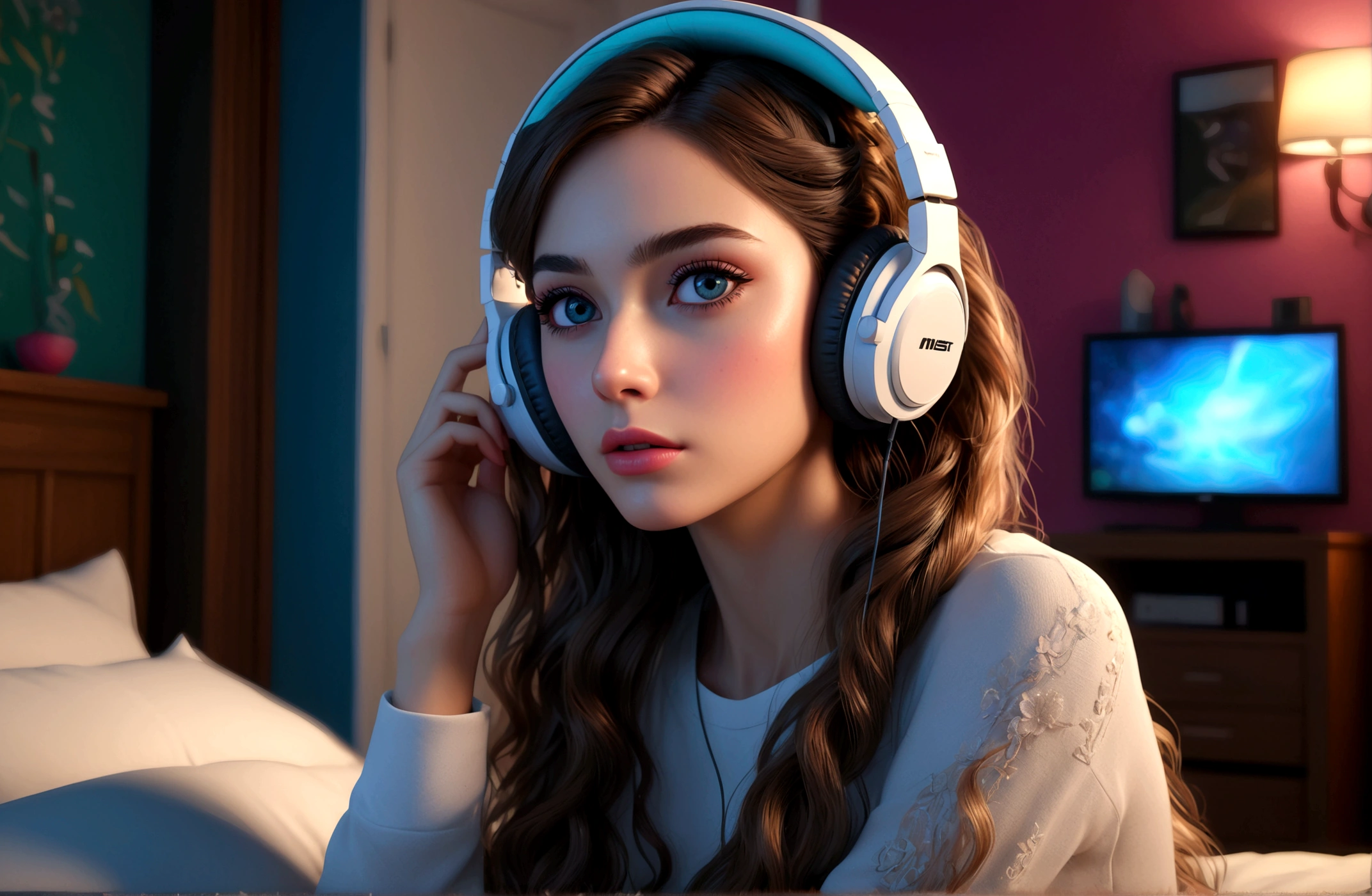 masterpiece, highest quality, beautifully, 1girl, extremely detailed face and eyes, long eyelashes, detailed lips, detailed hair, detailed outfit, headphones, bedroom, night, colorful, cinematic lighting, photorealistic, 8k, hyper detailed, intricate details, (best quality:1.2), (realistic:1.37), (masterpiece:1.2)