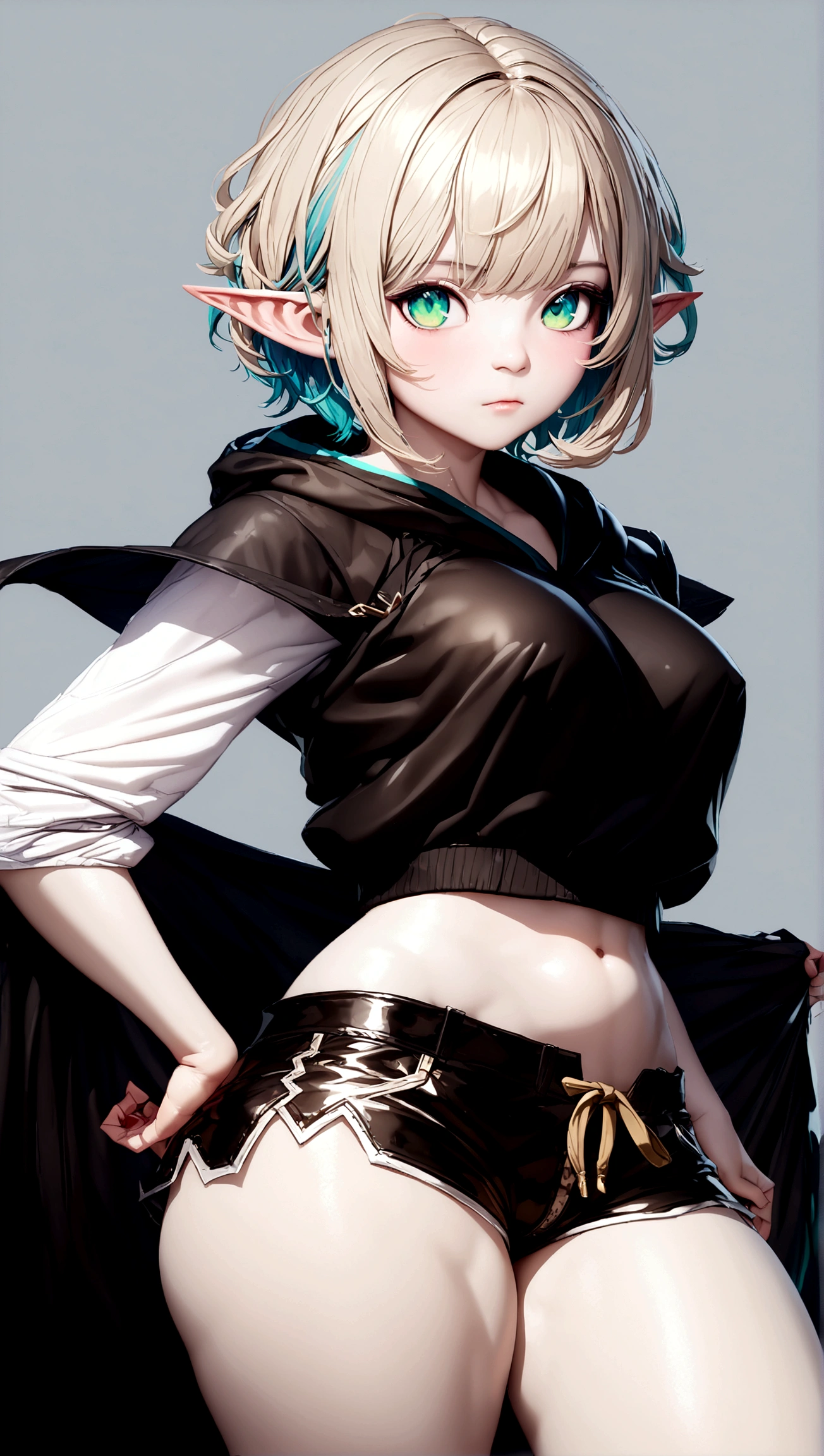 (masterpiece, best quality, perfect face, (beautiful and aesthetic:1.2), extremely detailed, highest detailed face), (beautiful short white elf girl, (white short hair:1.4), (green eyes:1.2), (white brown skin:1.5), fake breasts, (narrow waist), (thick thighs), wide hips, large thighs, pointy elf ears), (exposed belly:1.2), ((wears micro shorts and a black hoodie:1.4)), ((dark fantasy background)), (high quality, hyperrealistic, CG, unity, 4k)