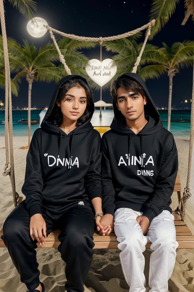 There are 20 year old couple sitting if front on a swing in the dubai beach beautiful greenery view wearing a black and white hoody, boy with name "Anees" Write on it, girl with name "Aniba" Write on it lovely couple sitting on a moon, heart emoj, holding hands in the moonlight realistic art painting detail photo