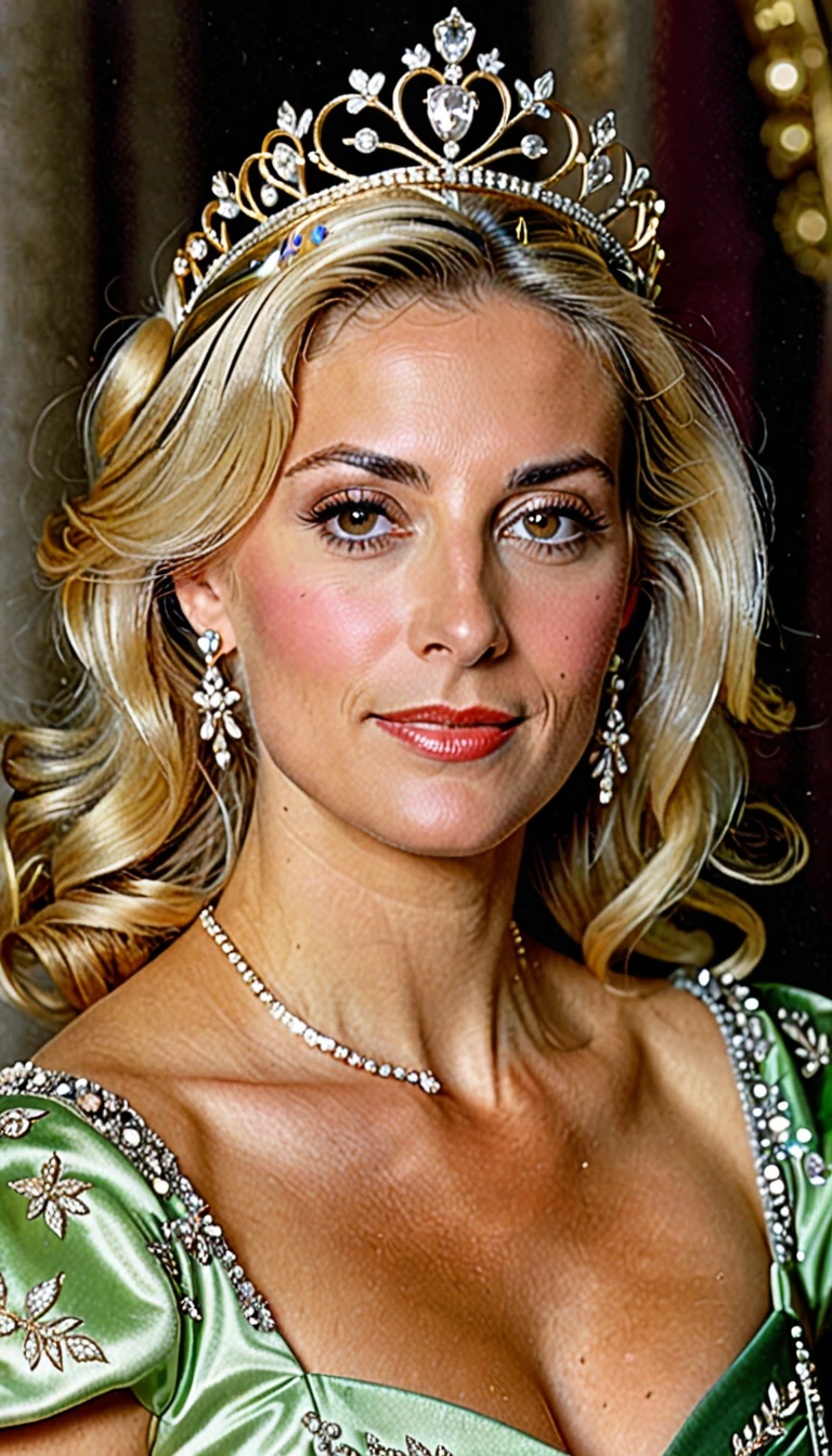 Blonde Italian princess in her late thirties, wearing a tiara and fancy dress