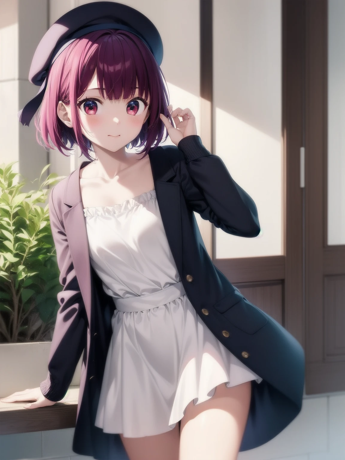 1 girl, Graduation Bob, Straight short hair,  Medium violet redhead, Medium Violet Red Eyes, big drooping eyes, Small beret, selfish, kindergarten