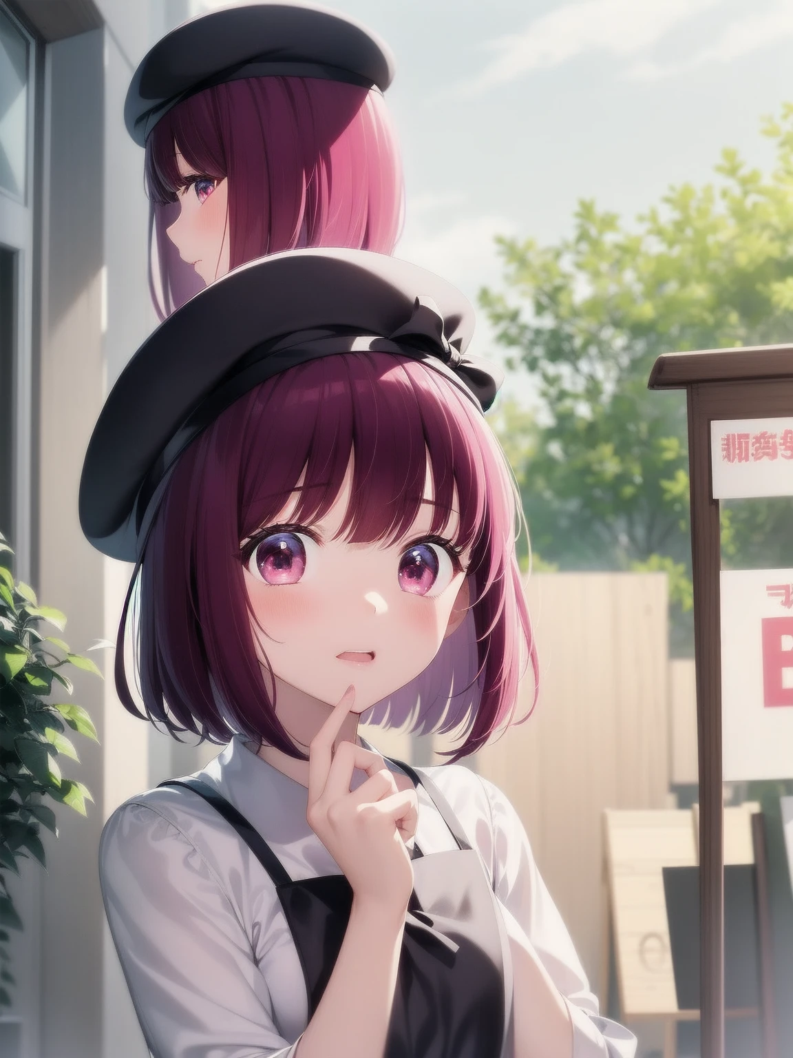 1 girl, Graduation Bob, Straight short hair,  Medium violet redhead, Medium Violet Red Eyes, big drooping eyes, Small beret, selfish, kindergarten