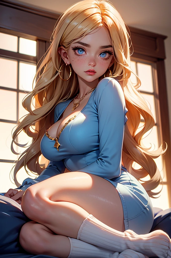 (Blonde stunning hair), (blue eyes), blue necklace, Golden earrings, Fit, Gorgeous Body, gorgeous, brown eyebrows, (two moles over lip), big pupils, (23 years old), 1girl,solo, complex skin, warm light, (large breasts), wide thighs, round butt, 5 fingers, ((blushing)), ((detailed face, best quality)), (masterpiece)), ((ultra-detailed)), (beautiful detailed eyes), red lip, eyeshadow, beautiful face, long hair, very detailed eyes, intricate details in eyes, perfect lips, good lighting, cleavage, ((disgusted mean face)), wearing soft fabric hot short dress, in a bedroom, full body laying on her back, showing full body wearing socks, socks Infront of the camera, show socks, focus on socks, 5 toes