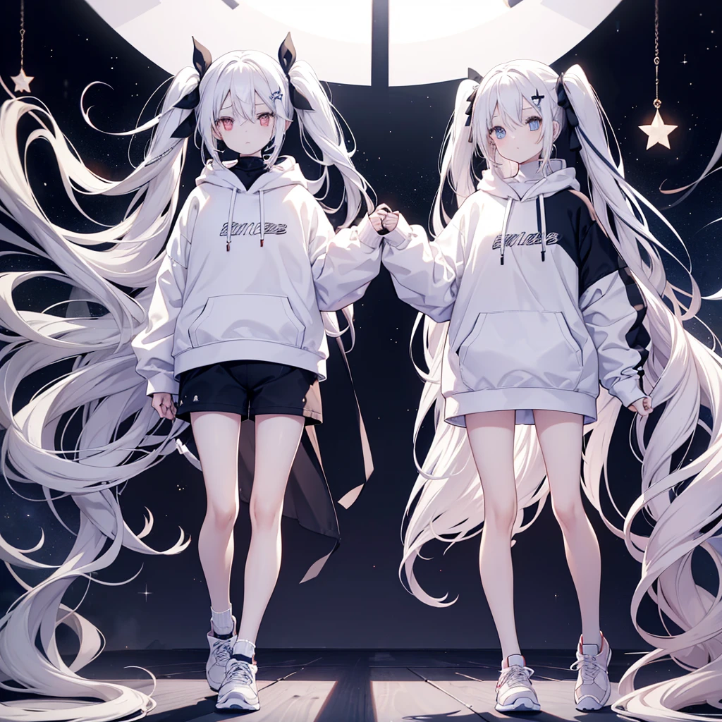 Two girls, the first one has red eyes and beige hair, the second one has blue eyes and white hair, twin tails, long hair, ribbon in hair, monochrome outfit with large hoodie, shorts, sneakers, white background, stars
