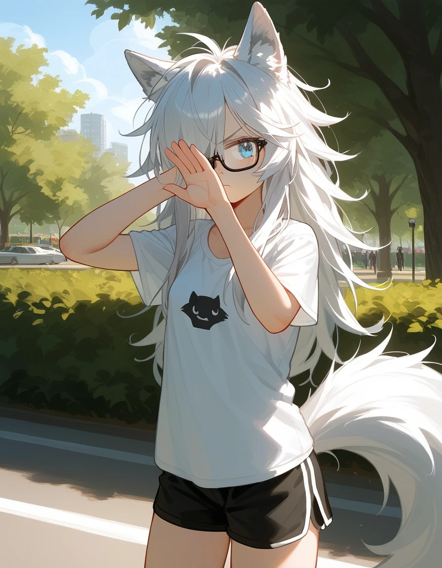 score_9,score_8_up,score_7_up, a young nerdy Anthro furry wolf woman, wolf snout, white furry body, tall body, awkward, long black messy hair, hair in a pony tail, hair covering one eye, black glasses, blue eyes, white wolf ears, small breasts, wearing oversized red t shirt, black boy shorts, standing, outdoors, at a park, looking annoyed, one hand covering her face, shielding her face from the sun, sunny day