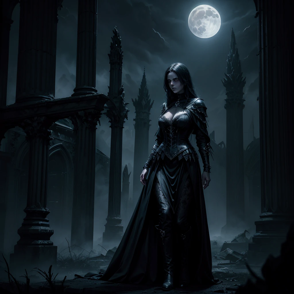 A dark Gothic female specter, illuminated eyes, wandering ruins of Gothic building, night scene, full moon, distant mysterious figure, cinematic lighting, dramatic shadows, eerie atmosphere, dark fantasy, 4k, ultra-detailed, photorealistic, dramatic lighting, chiaroscuro, dark moody colors, dark fantasy art, concept art, highly detailed, masterpiece