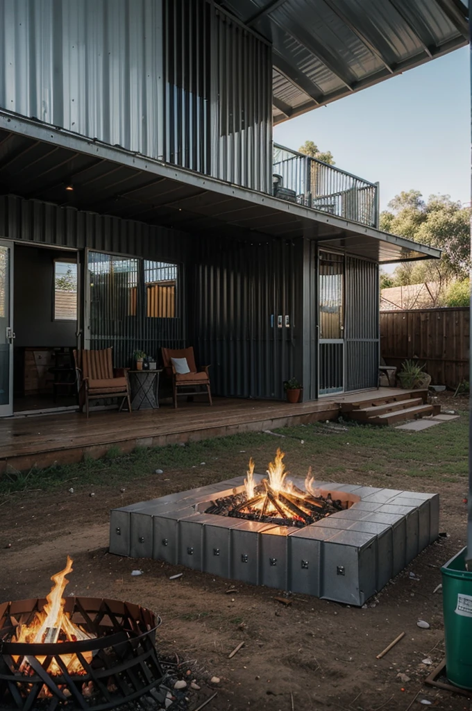 House made of corrugated metal sheet with bonfire in the afternoon