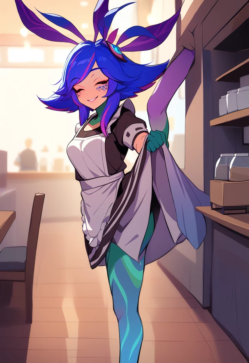 masterpiece, best quality, 1girl, boris \(noborhys\), neeko, colorful skin, multicolored hair, hair ornament, standing, maid outfit, facial mark, closed eyes, smile, cafe environment, maid outfit , lifting her skirt, sfutanari, penis, dick purple