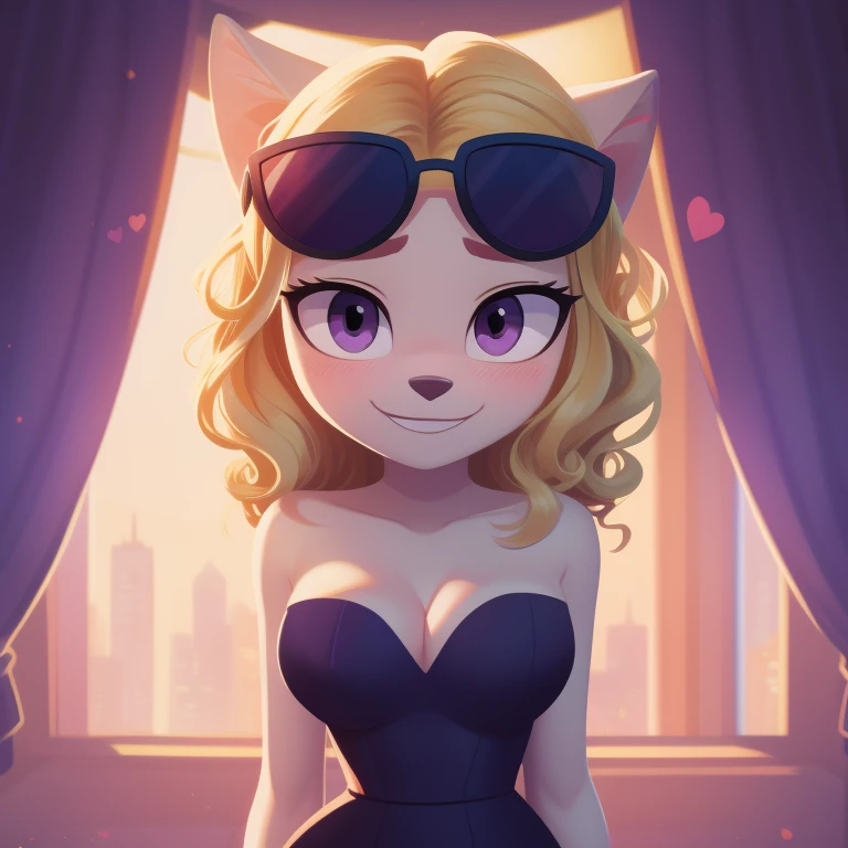 Gwen stacy, strapless tight dress, cleavage, blonde hair, curly hair, halo, sunglasses, jewelry, purple eyes, longeyelashes, purple eyes, smile, shy, blush, high detail, masterpiece, UHD, anatomically correct, super detail, highres, 4K