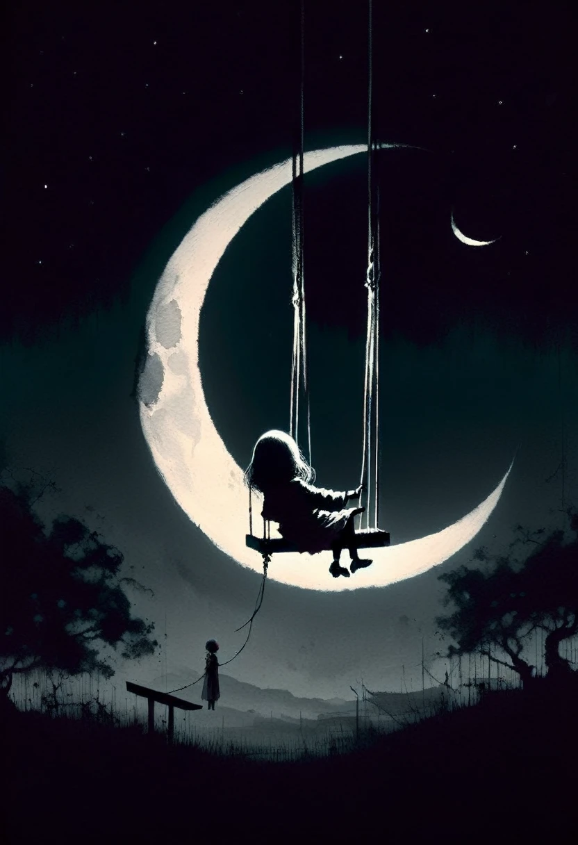 Ashley Wood style, dark scarlet background, chemiluminescence. (animation. girl on a swing tied to a crescent moon, night, 1 crescent moon, romance, fairytale background) (minimalism: 1), detail tracing... Stephen Gammell style - Iai in the style of Stephen Gammell
