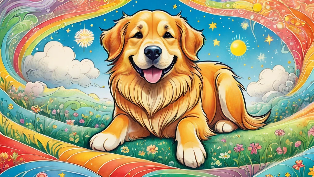 ((Close-up of a large dog in the center))、looks happy,An illustration,pop,colorfulに,draw with thick lines,color,、Happy dreams,Warm and full of happiness,,colorful,Fancy,Fantasy,,Detailed explanation,fluffy,Randolph Caldecott Style