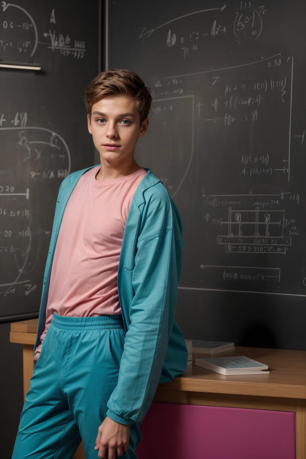 A cute, beautiful twink male young man with a face with makeup and black hair. He is wearing a long-sleeved, pink shirt and aqua blue pants. He is in his scientific office, sitting with medical scientific books next to him, and behind him is a blackboard with calculus written on it. Neon waves emerge from the blackboard.  The scientific desk is a medical model looking on proudly.