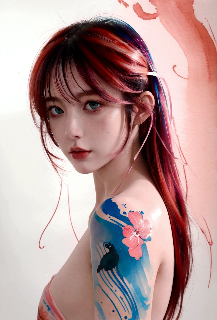 (8K, best quality, master part:1.2),(best quality:1.0), (ultra highres:1.0), water colour, one pretty woman, shoulder, hair ribbons, Directed by: Agnes Cecile, retrato de meio corpo, extremely luminous bright design, pastels colors, (inking:1.3), autumn lights,