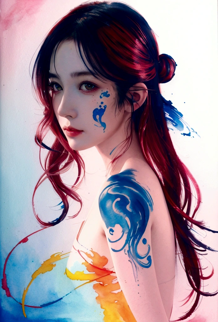 (8K, best quality, master part:1.2),(best quality:1.0), (ultra highres:1.0), water colour, one pretty woman, shoulder, hair ribbons, Directed by: Agnes Cecile, retrato de meio corpo, extremely luminous bright design, pastels colors, (inking:1.3), autumn lights,