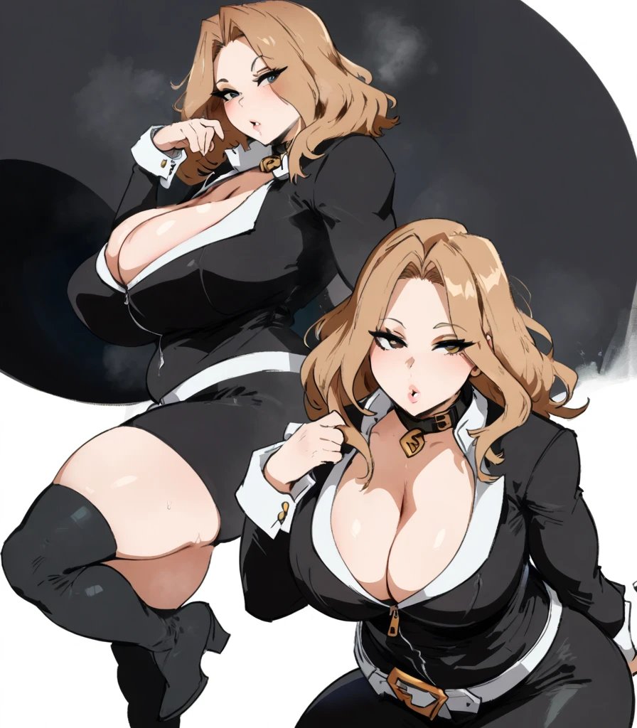 1girl, utsushimi kemii, boku no hero academia \\\\\ masterpiece, best quality, very aesthetic, absurdres, newest \\\\\\ slim body,///// ,by nyantcha,cutesexyrobutts , by khyle,,////// beautiful face, sexy, simple black catsuit with blending patterned lines and a zipper running down the middle left slightly down to reveal her cleavage. She wears white cuffs around her wrists and white heeled knee-high boots, patterned with gray lines, as well as a loose black collar lined with metallic plates.,  ,plump and glossy lips, white background, looking at viewer, close-up, dark brown eyes, full body 