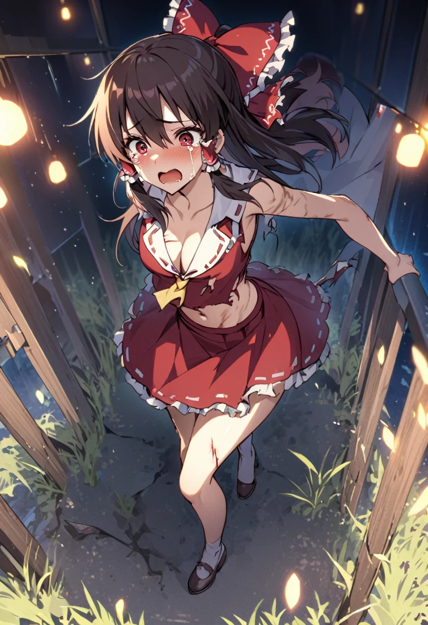 One Scene、one-shot、1 person、Reimu Hakurei、Belly button、Cleavage、Slim body、Skinny、front、whole body、Stand、Stand up、Cute face、Miniskirt、Thighs、Grass at night、midnight、I injured、Bleeding、Bleeding、Clothes get torn、Torn clothes、A battered body、Covered in scars、Fall to the ground、cry、Tears