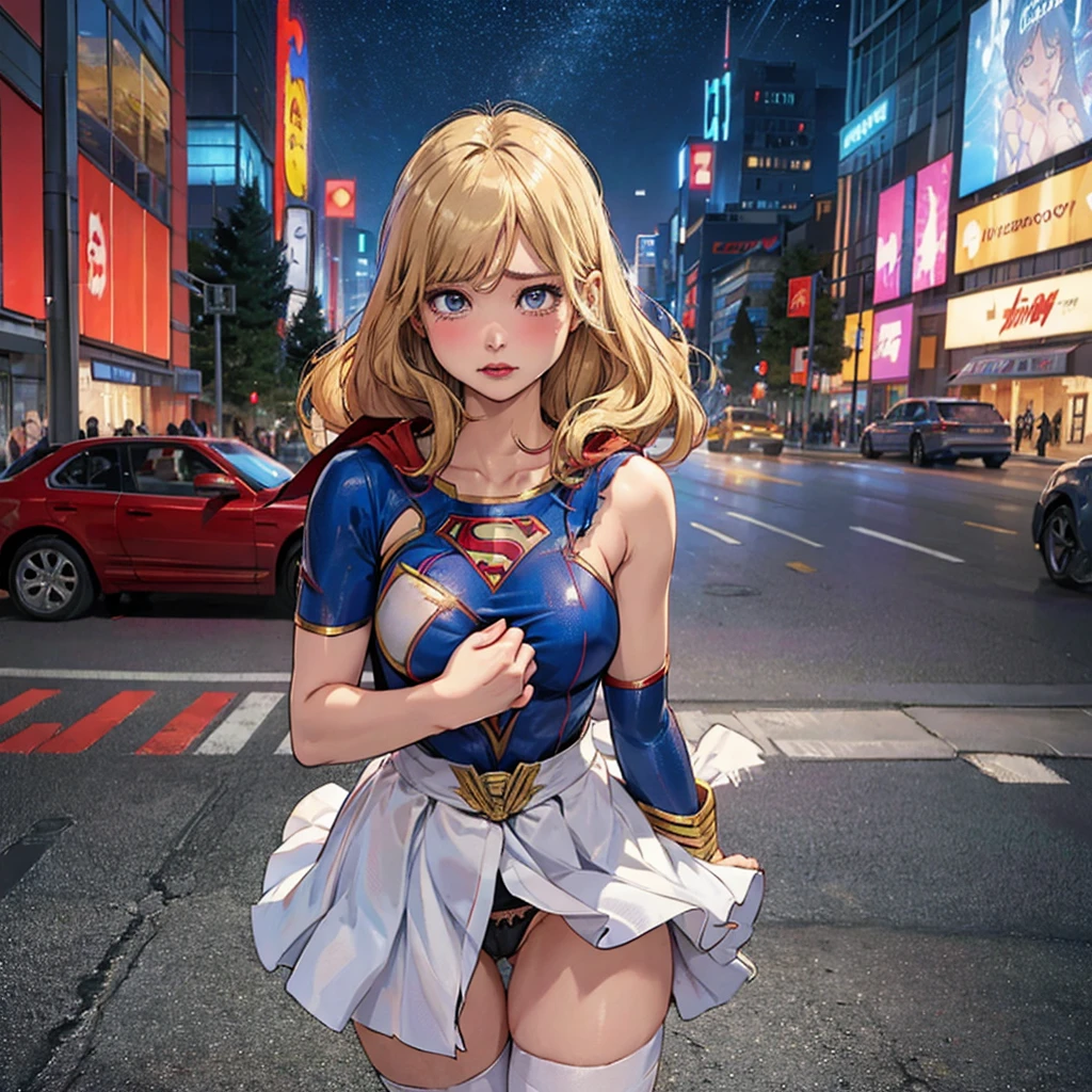 Supergirl very embarrassed in the street. her costume is torn. we see a nude breast through a tear in her costume and her panties through her tattered skirt.in the background, the city is devastated