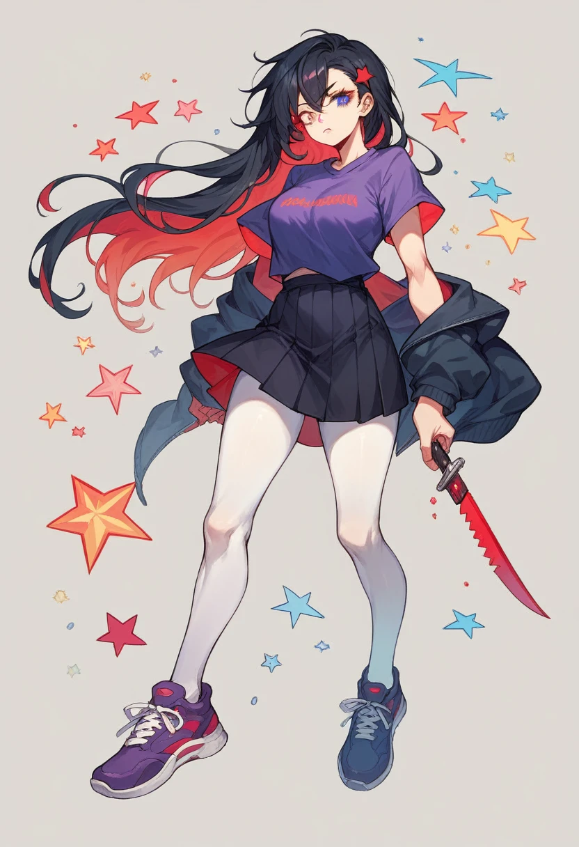 Tall girl with black hair that has heterochromia eyes, one blue and one red and one of them has a red star,Purple t-shirt and sports shoes With a black skirt and white pantyhose with a knife in her hand