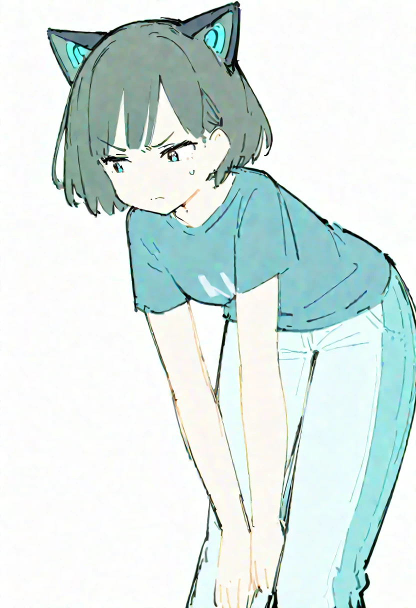 (((Dynamic pose))),((Sad expression)) , ((masterpiece)),(((Highest quality))),(sketch),((Girls in their 20s)),Short black hair,Black cat ears,T-Shirts,jeans