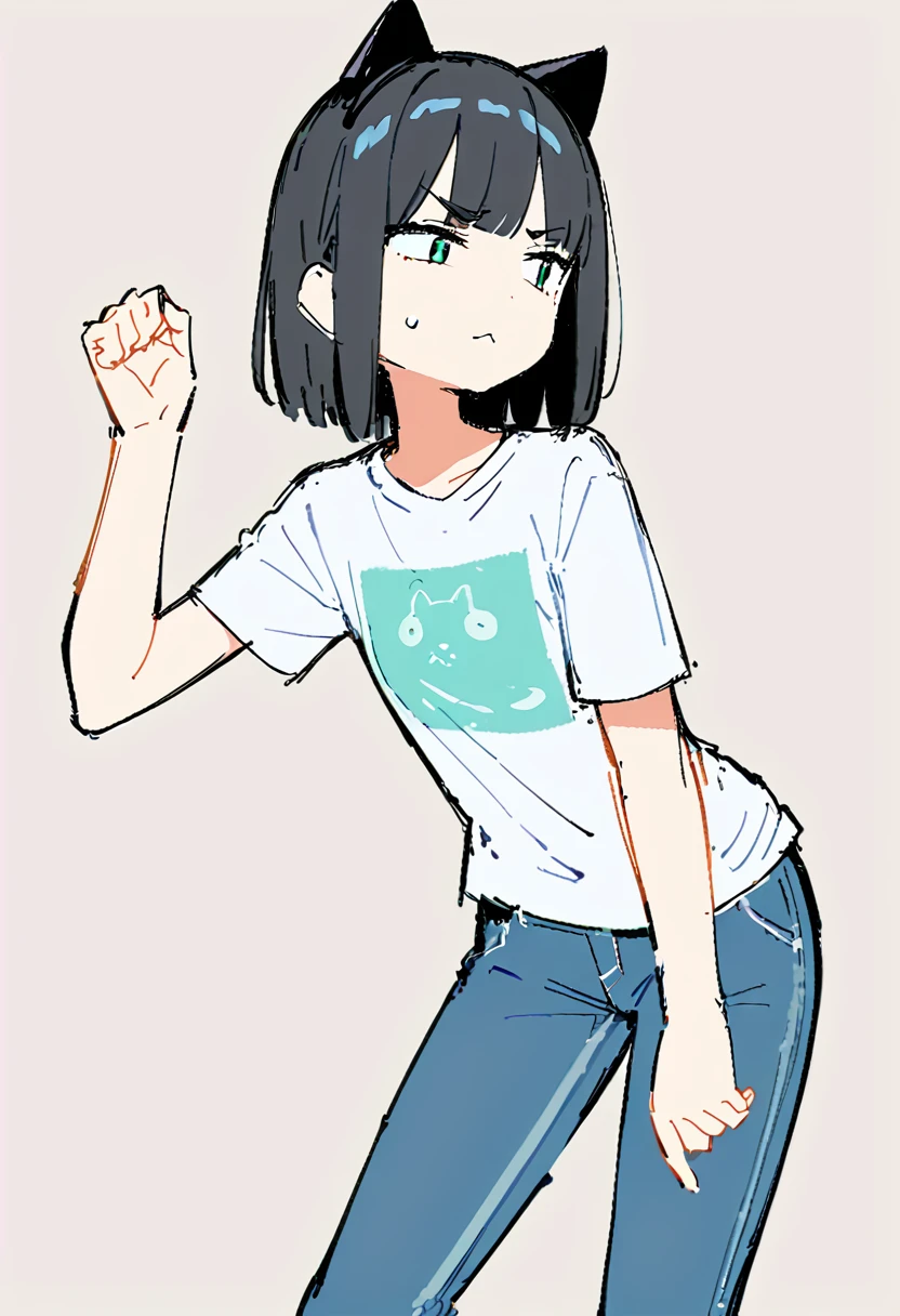 (((Dynamic pose))),((Sad expression)) , ((masterpiece)),(((Highest quality))),(sketch),((Girls in their 20s)),Short black hair,Black cat ears,T-Shirts,jeans