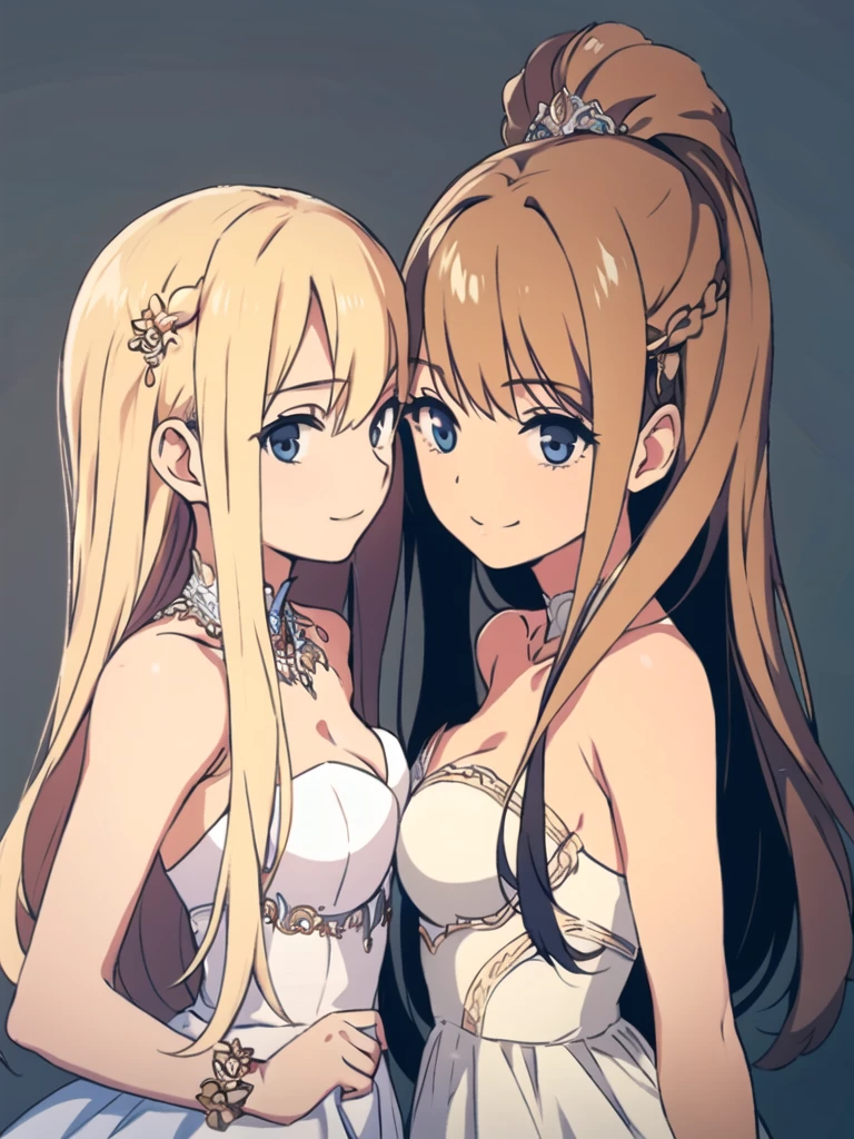 2girls, looks each other, symmetric, strapless, bride dress, simple background,  smile, middle breasts, middle hair, blonde