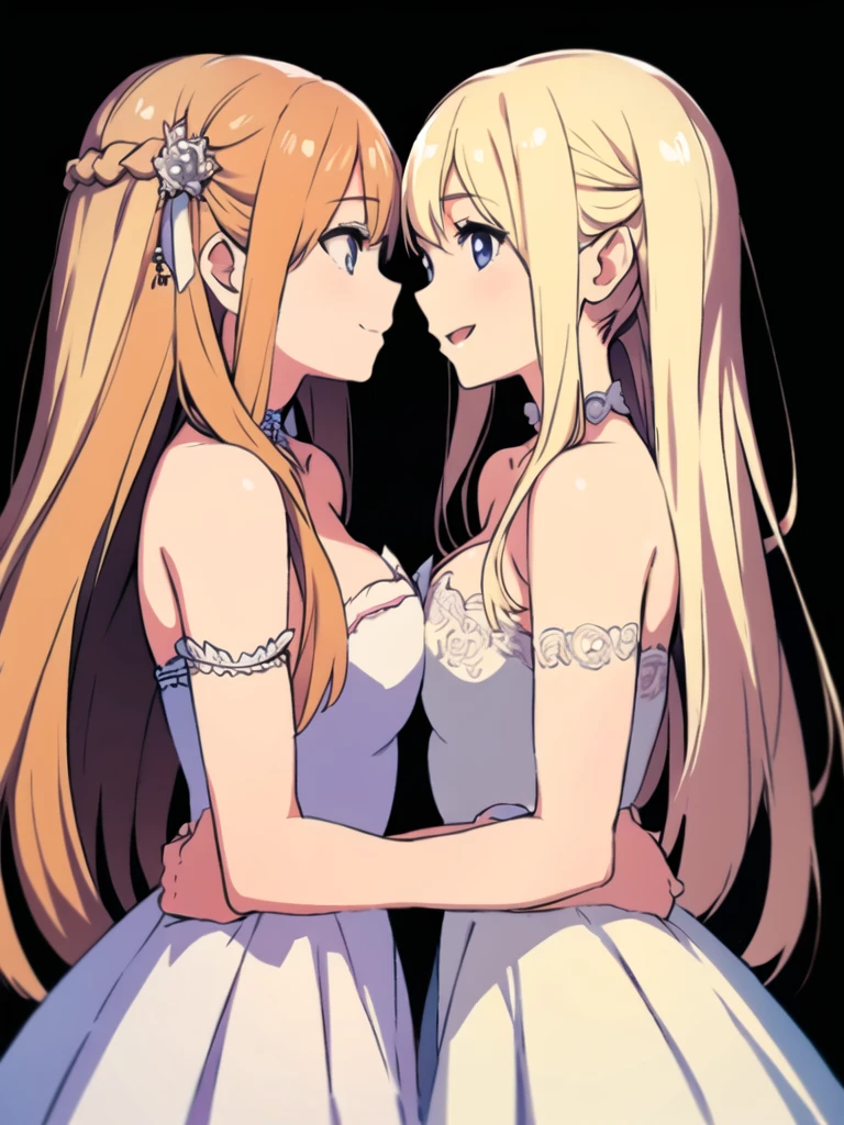 2girls, looks each other, symmetric, strapless, bride dress, simple background, smile, middle breasts, middle hair, blonde