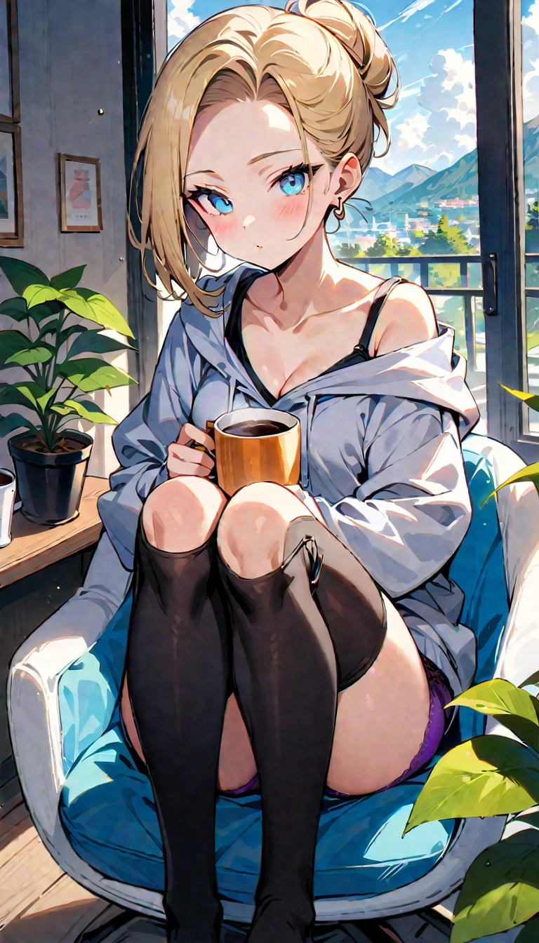 (masterpiece, best quality:1.2), solo, Android 18 from Dragon Ball, ((light gray hooded sweatshirt, Oversized hooded sweatshirt, long sleeve, black thin thigh highs, knees up, beautiful butt, thighs, purple panties)), small breasts, blonde hair, (single hair bun), ((blue eyes)), (wearing glasses), earrings on earlobes, slender feminine figure, skinny body, (drinking a coffee), cleavage, off shoulder, light blush, chill, hot coffee, organized, simple, white-based interior, a few plants, cloudy sky, terrace, magnificent view, blur background, 4K, on the cute chair, (pale blue chair),