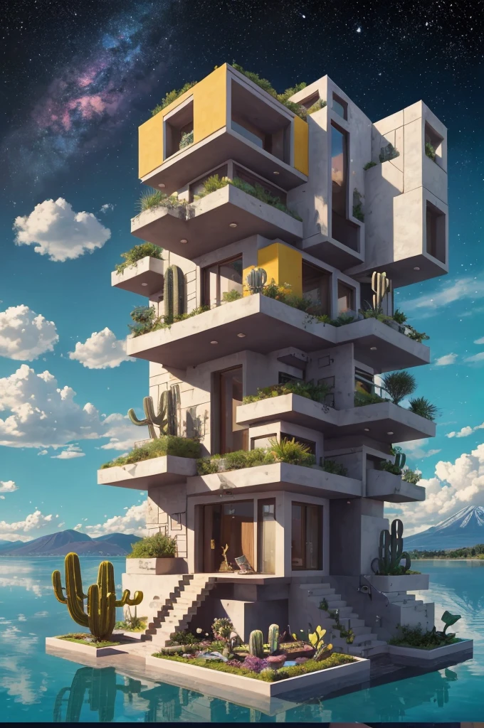 An illustration, collage style, David Hockney visual style, (((Luis Barragán's architectural style houses in middle of a lake))), big boulders, little cascade, mountains, volcanos, volcanic landscape, pool, stairs, beautiful gardens, abundant vegetation, cacti, agave, big clouds, sunset. Magazine cover, serif tipography, editorial design, masterpiece, An illustration in collage style, con rocas gigantes, Brutalist construction sections, escaleras, cactus, agave, textura de concreto, Multiple geometric shapes, hatch and cross hatching, planeta Saturno. ((masterpiece, best quality)),illustration,ultra detailed 8k. (((An illustration of a build designed by Luis Barragán))), with a desertic vegetation garden, (big rocks), ((cacti)), lake, volcano in horizon, smooth clouds, (((illustration collage format))), ((Escher's art style)), (((multiple sections))), (violet, blue, olive green, grey, black and white), hard shadows, (((geometric sculptures))), concrete sculptures, high contrast, dramatic, cinematographic, ((milky way galaxy)), intricate, intricate details, sharp focus,landscape