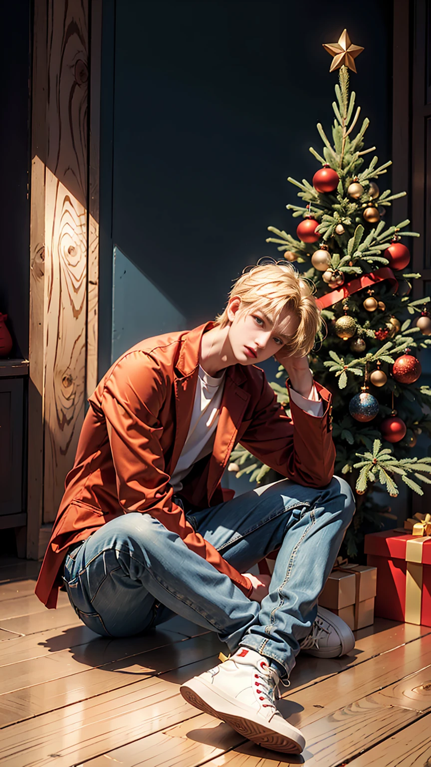 masterpiece,best quality, Blond young man, tall,Front view,whole body,Orange Eyes, Red blazer, floral shirt, blue jeans, red high-top sneakers, sitting on wooden floor, hand resting on cheek, looking pensive, Christmas tree with decorations, gifts, warm festive atmosphere.