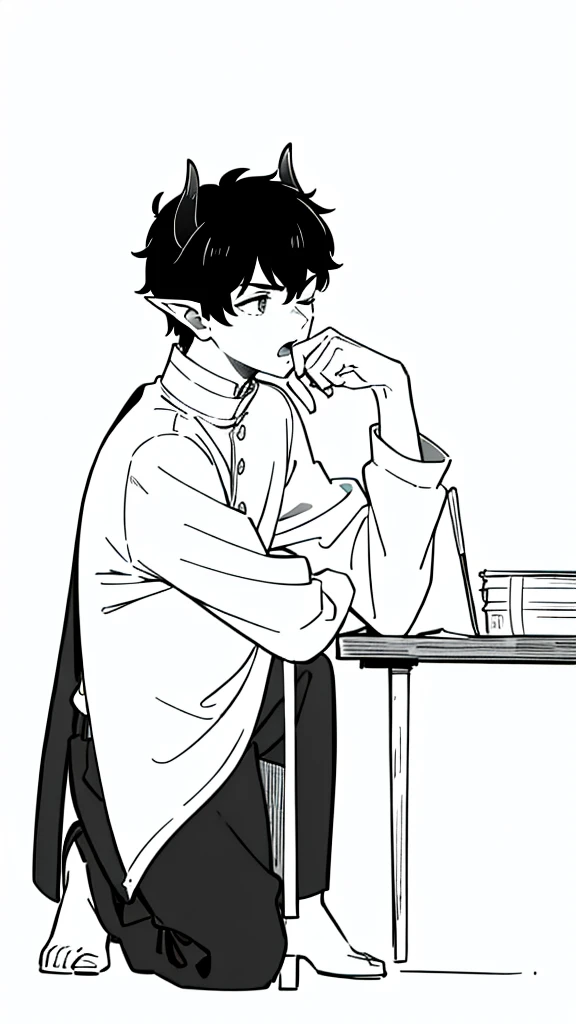 (1boy,,solo),((dark skin)),rural outfit,short hair,black hair,elf ears,(horns),(white background,line drawing),sitting,from side, looking away,full body,hand_on_own_face, head_rest, hand_on_own_cheek,one eye closed, open mouth, yawning, sleepy, squeans