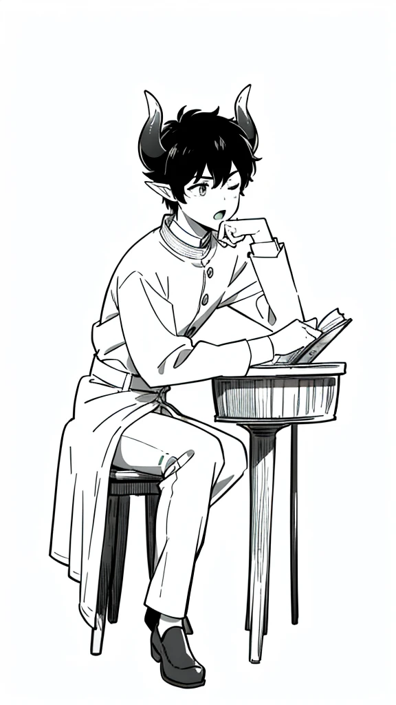 (1boy,15 years old,solo),((dark skin)),rural outfit,short hair,black hair,elf ears,(horns),(white background,line drawing),sitting,from side, looking away,full body,hand_on_own_face, head_rest, hand_on_own_cheek,one eye closed, open mouth, yawning, sleepy, squeans