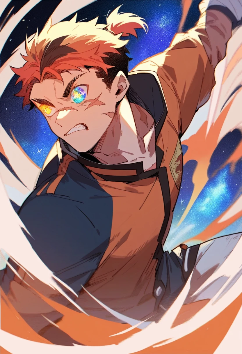 1boy, Strong, calico-colored hair, scars, galaxy eyes, small ponytail, rebel outfit