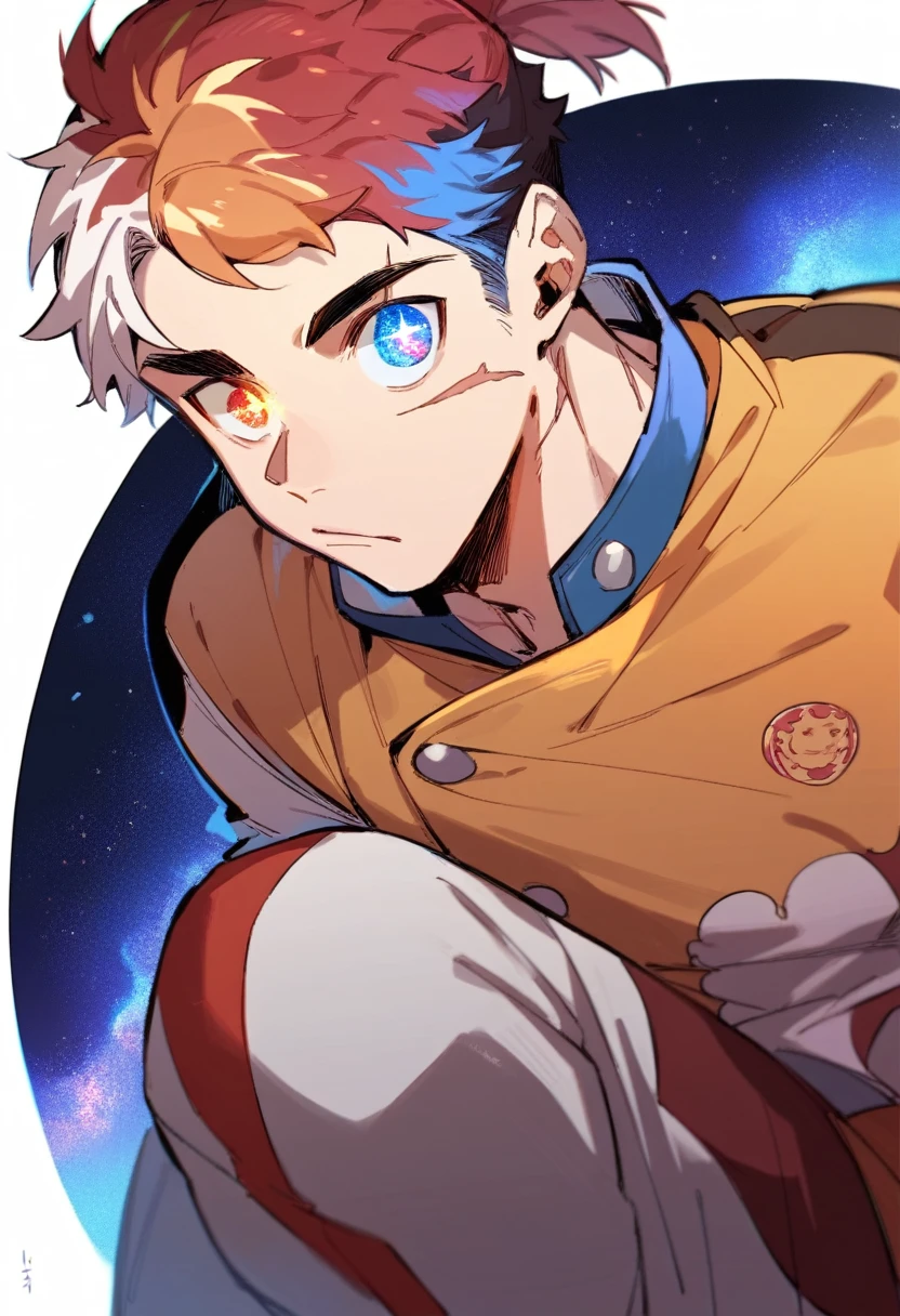 1boy, Strong, calico-colored hair, scars, galaxy eyes, small ponytail, rebel outfit