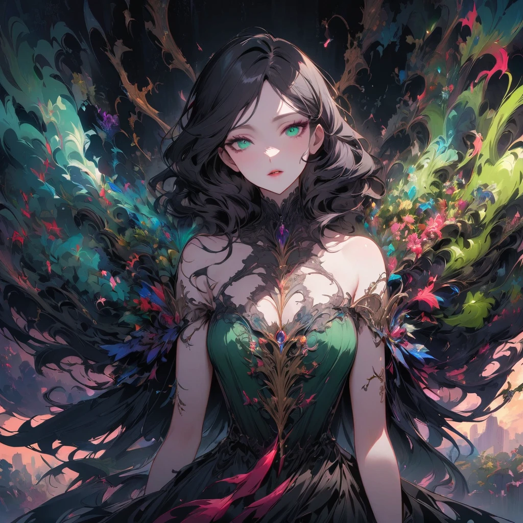 Long, flowing, midnight-black hair, emerald-green eyes, pale skin, and a slender figure