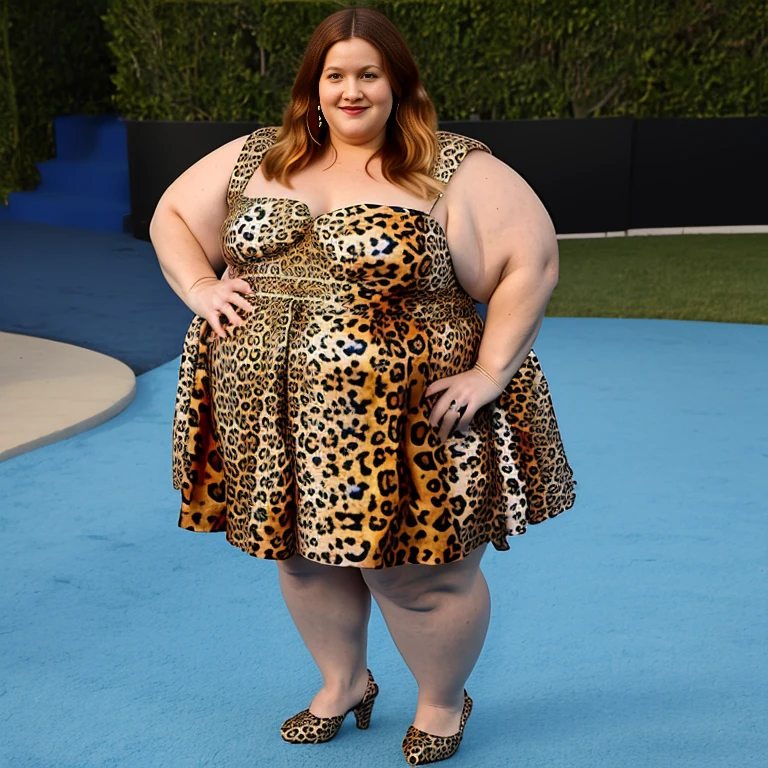 Ssbbw extremely morbidly obese solo Drew Barrymore full body alone wearing a leopard dress